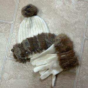 Cream and brown rabbit fur hat and gloves set